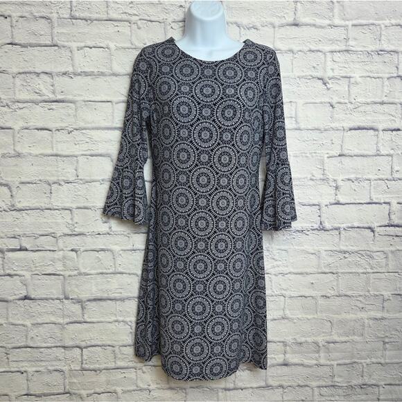 Tommy Hilfiger Dress Womens 2 Navy Blue White Medallion Print 3/4 Sleeve Midi - Picture 1 of 14